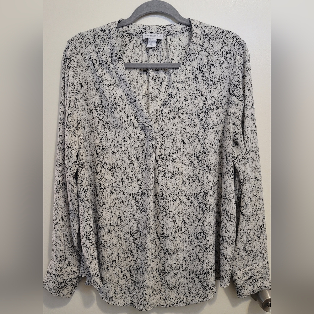 Carolina Belle Montreal Women's White Black V-Neck long sleeve Blouse Size Large
